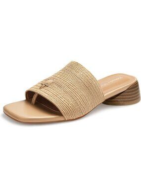Women's Block Kitten Heels Raffia Slide Mule Sandals Square Open Toe Shoes